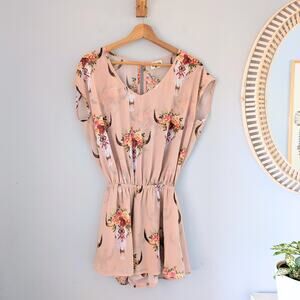 SHOW ME YOUR MUMU Desert Longhorn Cow Skull Floral Romper Pink XS NWOT